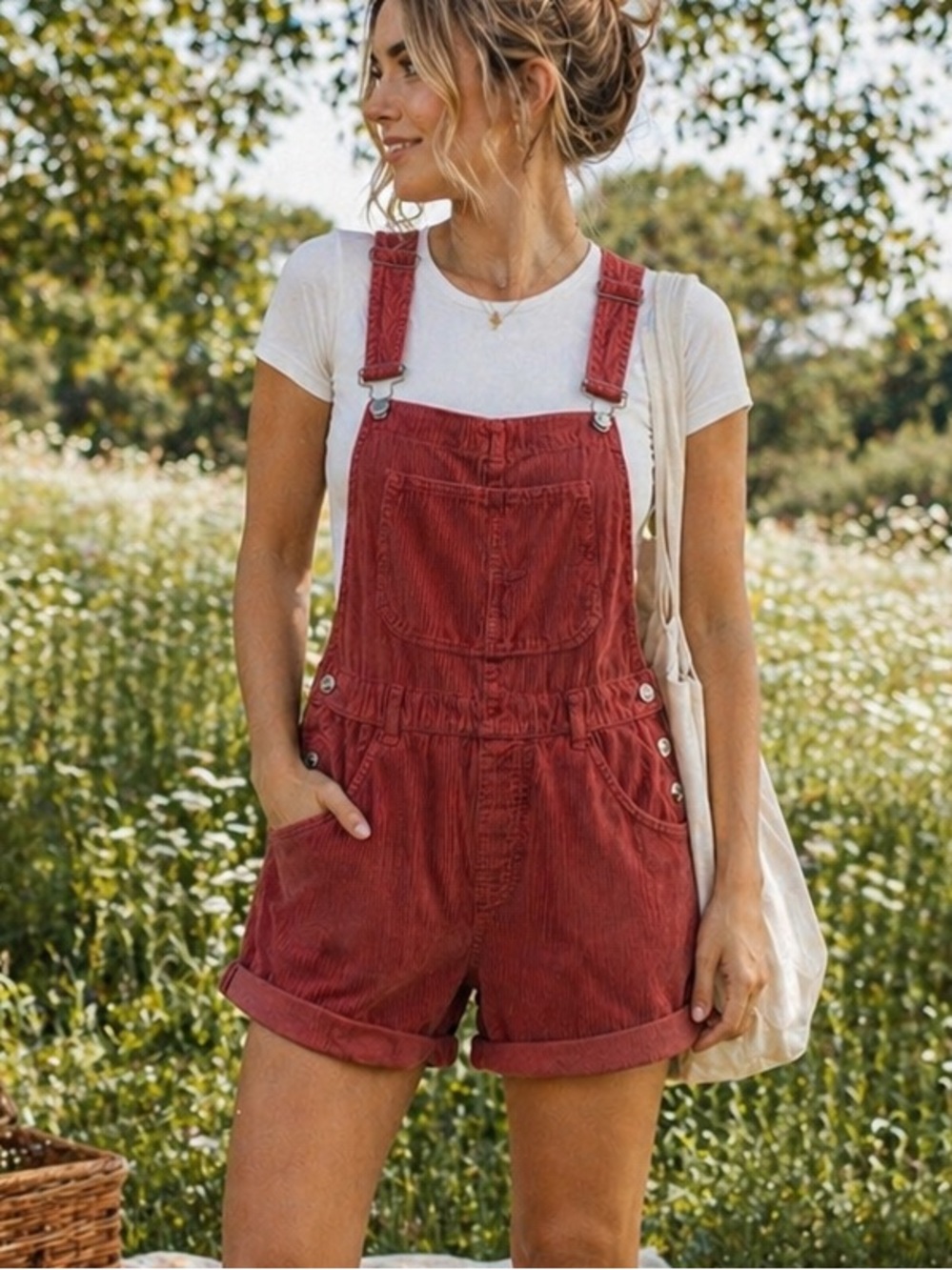 Free People We The Free Corduroy Overalls Shorts Rust boho indie Large shortalls
